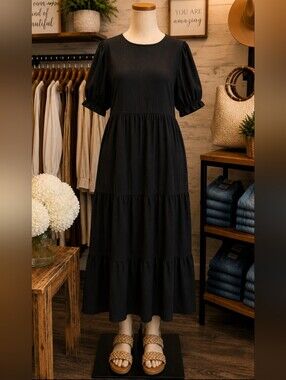 NO BRAND  Black Tiered Maxi Dress with Puff Sleeves Pit 24